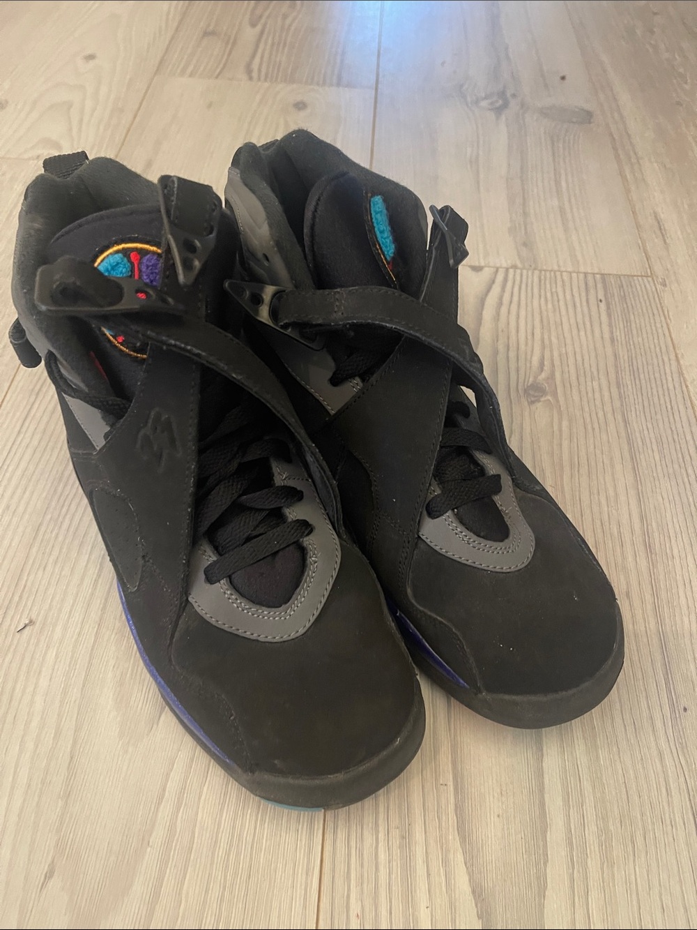 Kids Jordan 8 Black High-Top Sneakers with Gray Accents and Multicolor Tongue